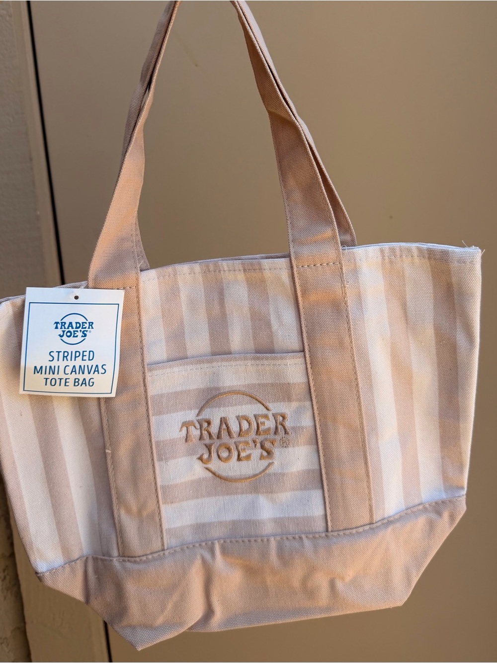 Trader Joe's Striped Mini Canvas Tote Bag in Beige and White - NWT ☀️